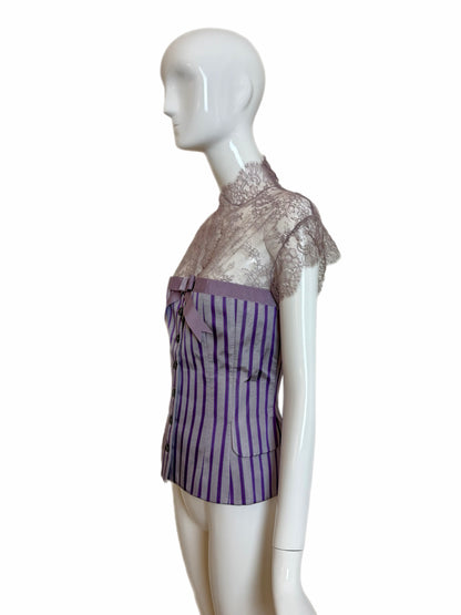 ALEXANDER MCQUEEN 2004 Vintage Silk Purple Pinstripe Lace Blouse