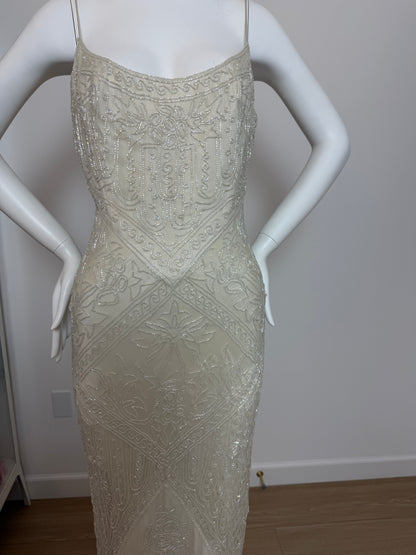LES HABITUDES 90's Couture Vintage Iridescent Greige Silk Hand Beaded Bridal Gown