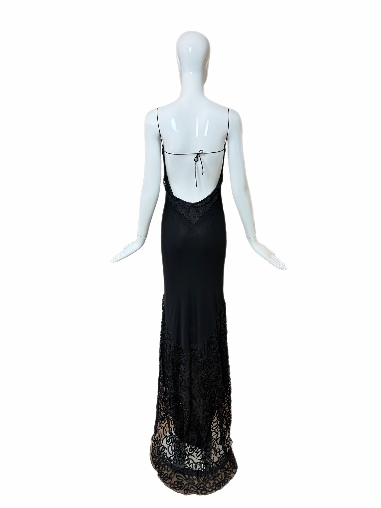 SUE WONG 00's Vintage Silk Black Beaded Evening Gown w. Train