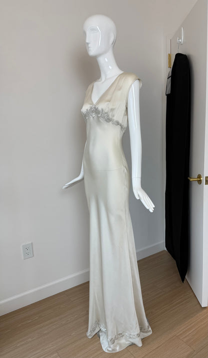 LES HABITUDES 90's Vintage Silver Grey Satin Floral Hand Beaded Antique Look Slip Gown