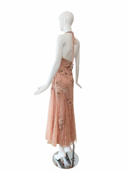SUE WONG 2000's Vintage Peachy Pink Lace Embellished Maxi Dress