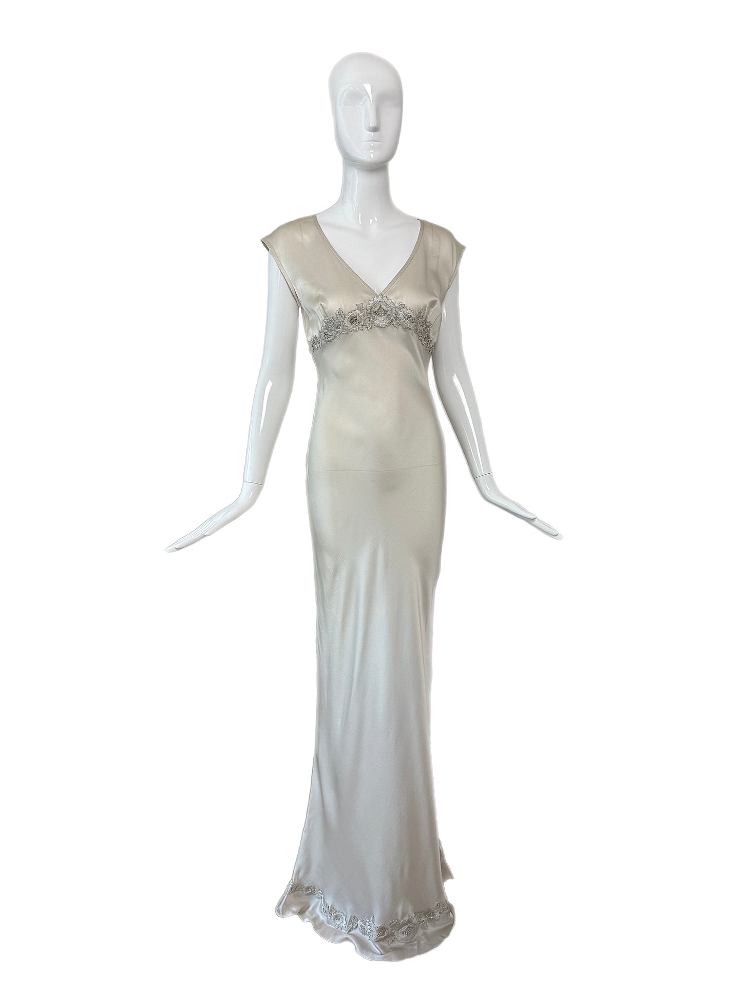 LES HABITUDES 90's Vintage Silver Grey Satin Floral Hand Beaded Gown