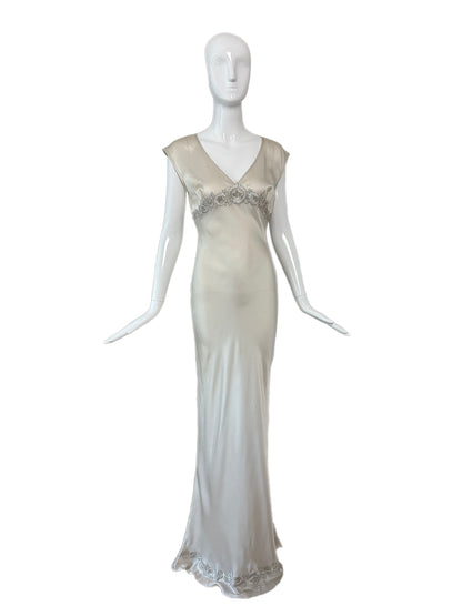 LES HABITUDES 90's Vintage Silver Grey Satin Floral Hand Beaded Gown