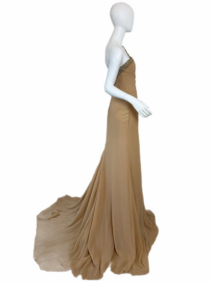ROBERTO CAVALLI 2012 Silk Chiffon Tan Embellished Grecian Gown w. Slit