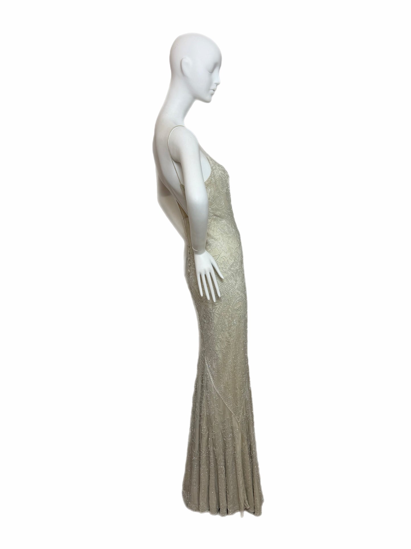 LES HABITUDES 90's Couture Vintage Iridescent Greige Silk Hand Beaded Bridal Gown