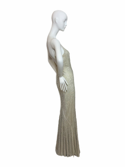 LES HABITUDES 90's Couture Vintage Iridescent Greige Silk Hand Beaded Bridal Gown