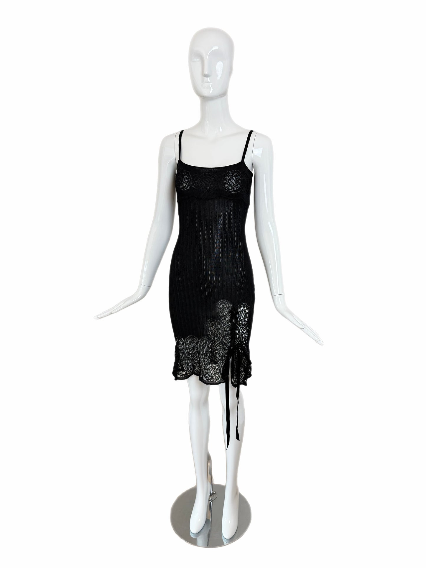JOHN GALLIANO 1999 Vintage Sheer Knit Black Pointelle Cocktail Dress