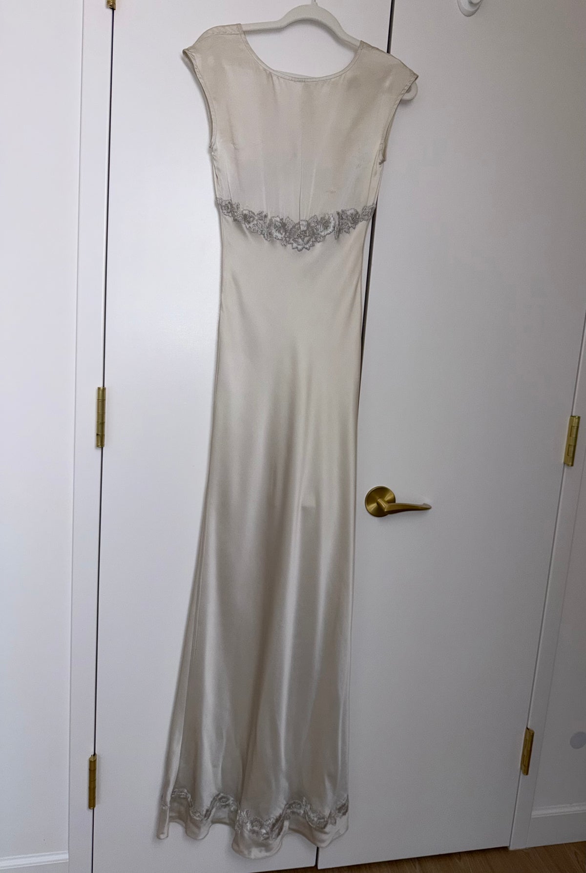 LES HABITUDES 90's Vintage Silver Grey Satin Floral Hand Beaded Antique Look Slip Gown