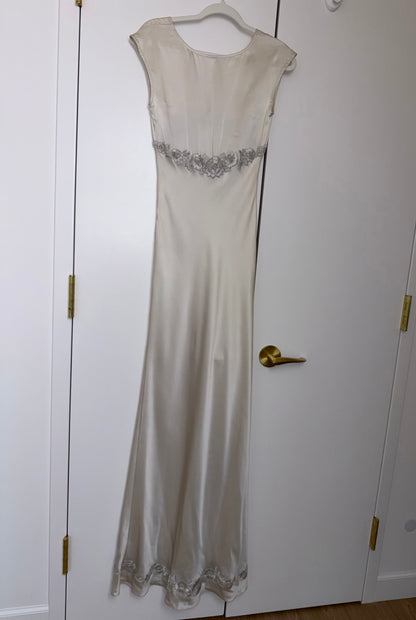 LES HABITUDES 90's Vintage Silver Grey Satin Floral Hand Beaded Antique Look Slip Gown