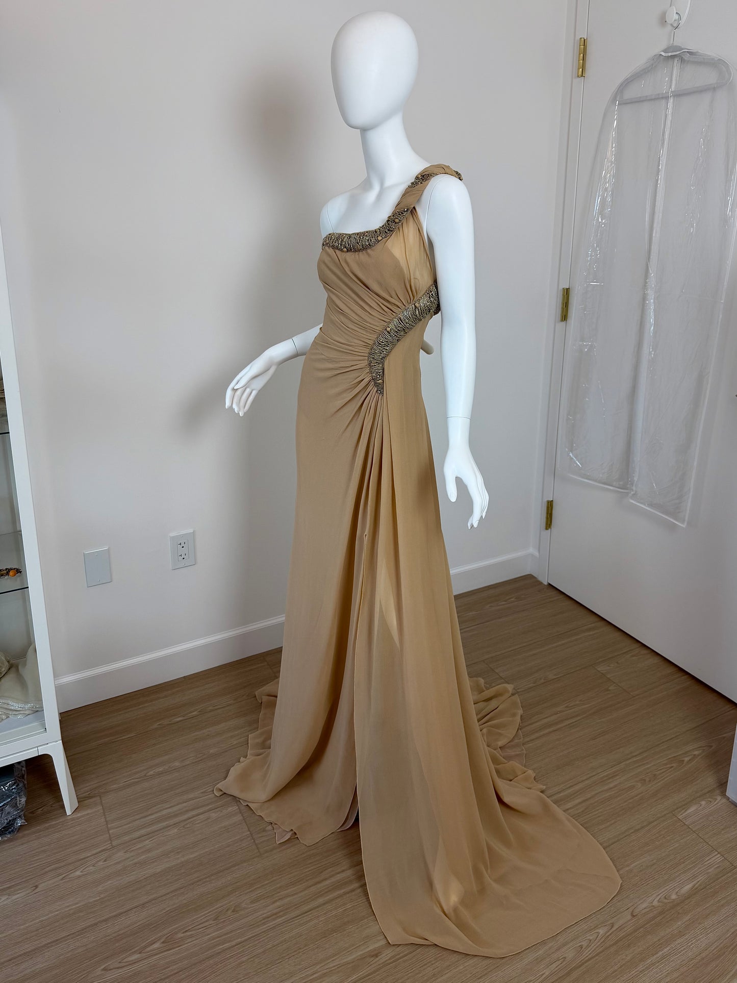ROBERTO CAVALLI 2012 Silk Chiffon Tan Embellished Grecian Gown w. Slit