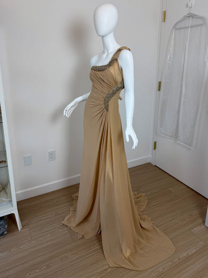 ROBERTO CAVALLI 2012 Silk Chiffon Tan Embellished Grecian Gown w. Slit