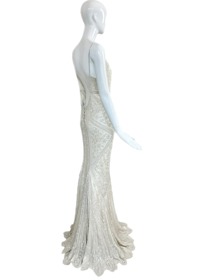 LES HABITUDES 90's Vintage Couture Hand-Beaded w. Pearls White Silk Bridal Gown