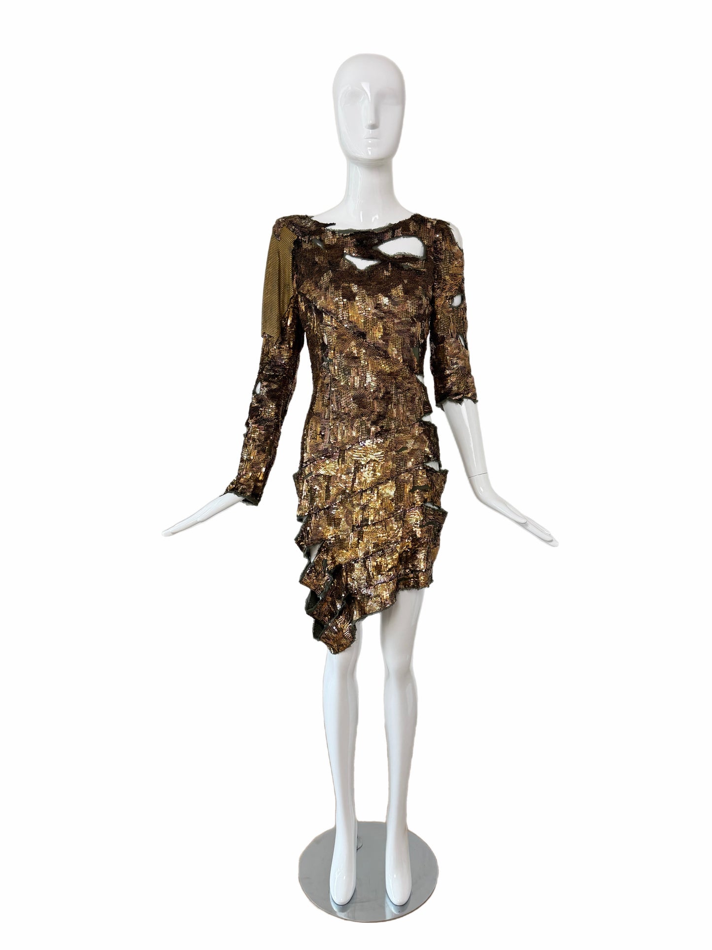 BALMAIN 2010 Vintage Runway Bronze Sequin Distressed Dress