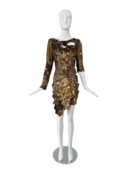 BALMAIN 2010 Vintage Runway Bronze Sequin Distressed Dress