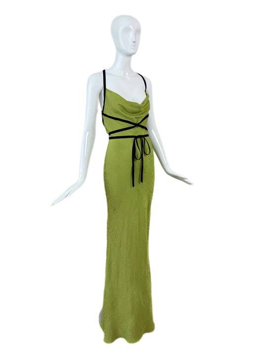 JOHN GALLIANO 1999 Vintage Green Printed Backless Gown w. Blue Velvet Trim