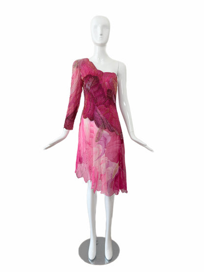 HANAE MORI Vintage Silk Hand Beaded One Shoulder Vibrant Cocktail Dress