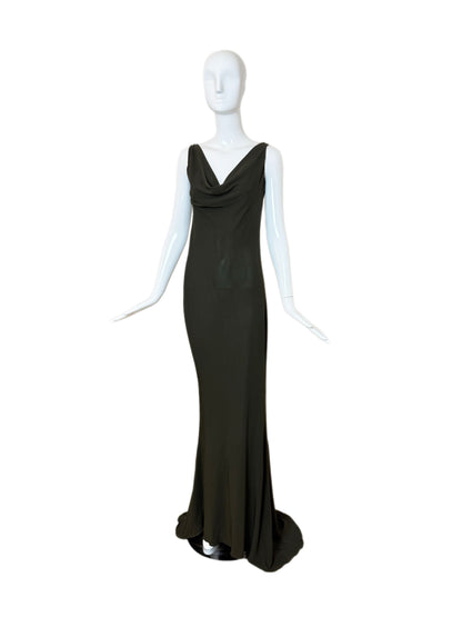 PAMELA DENNIS COUTURE 90's Vintage Hunter Green Beaded Cowl Neck Evening Gown