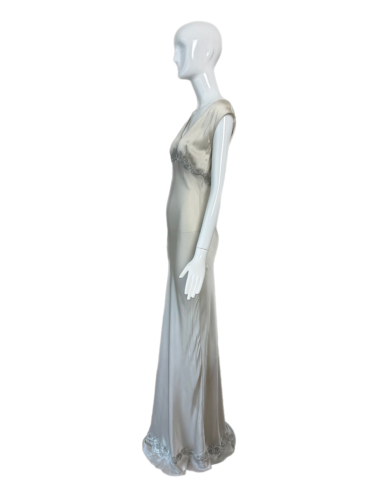 LES HABITUDES 90's Vintage Silver Grey Satin Floral Hand Beaded Gown