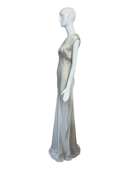 LES HABITUDES 90's Vintage Silver Grey Satin Floral Hand Beaded Gown