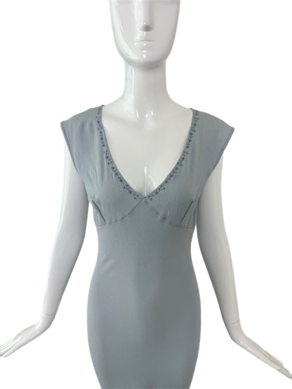 LES HABITUDES 90's Vintage Dusty Powder Blue Floral Neckline Slip Gown