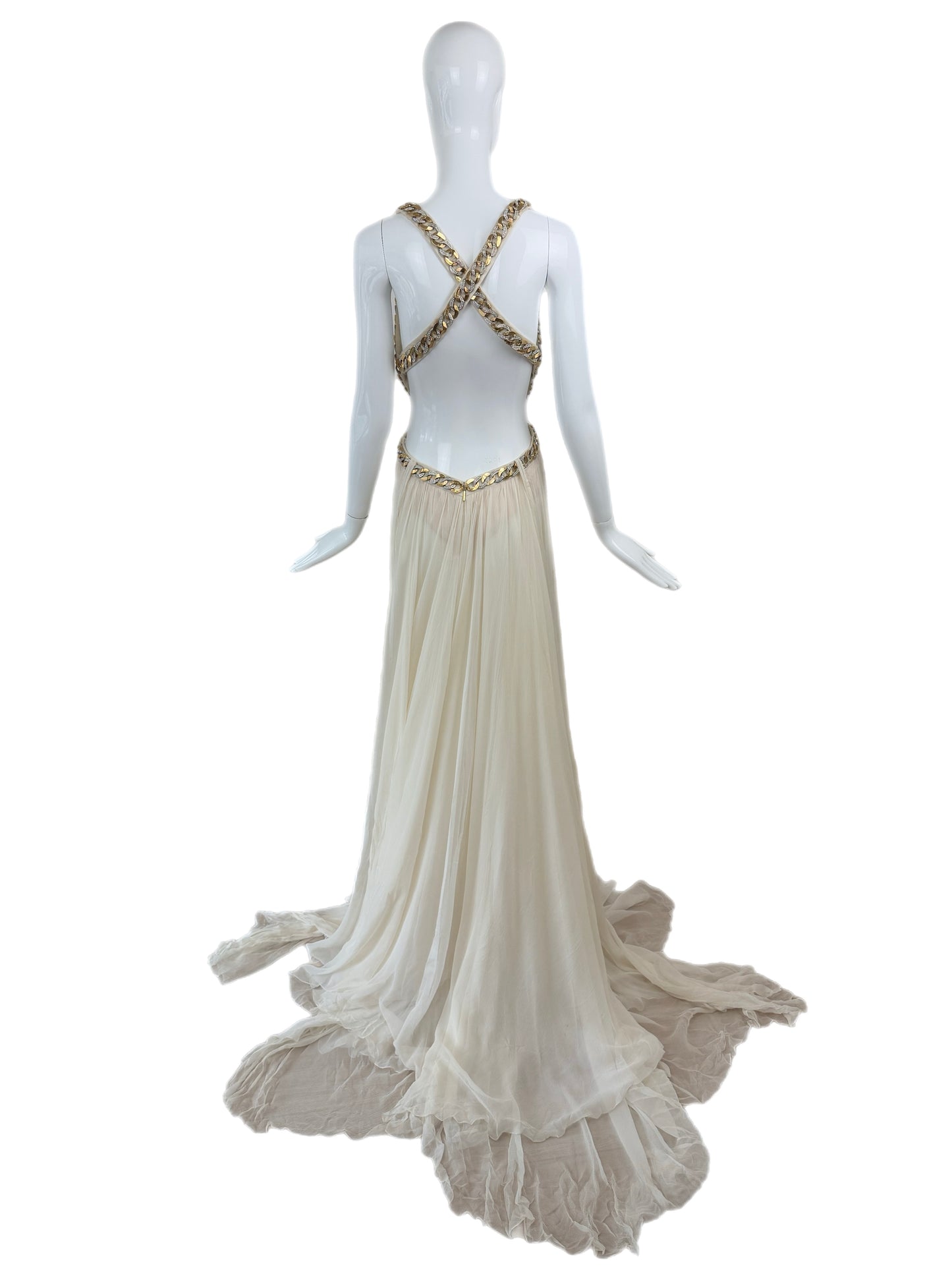 ROBERTO CAVALLI 2009 Vintage Ivory Chain Embellished Silk Gown