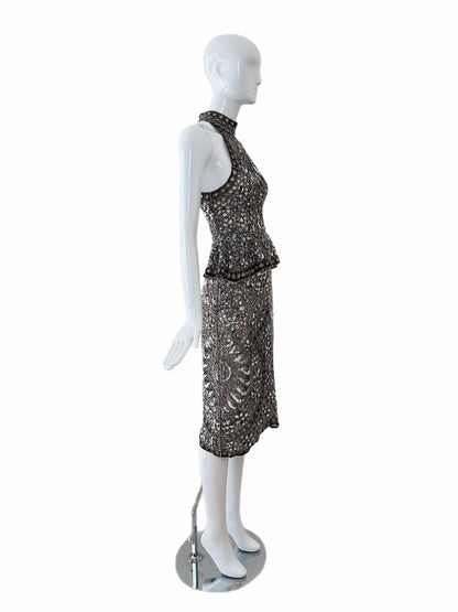 Eavis & Brown Vintage Hand-Beaded Silk Silver Embellished Skirt Set