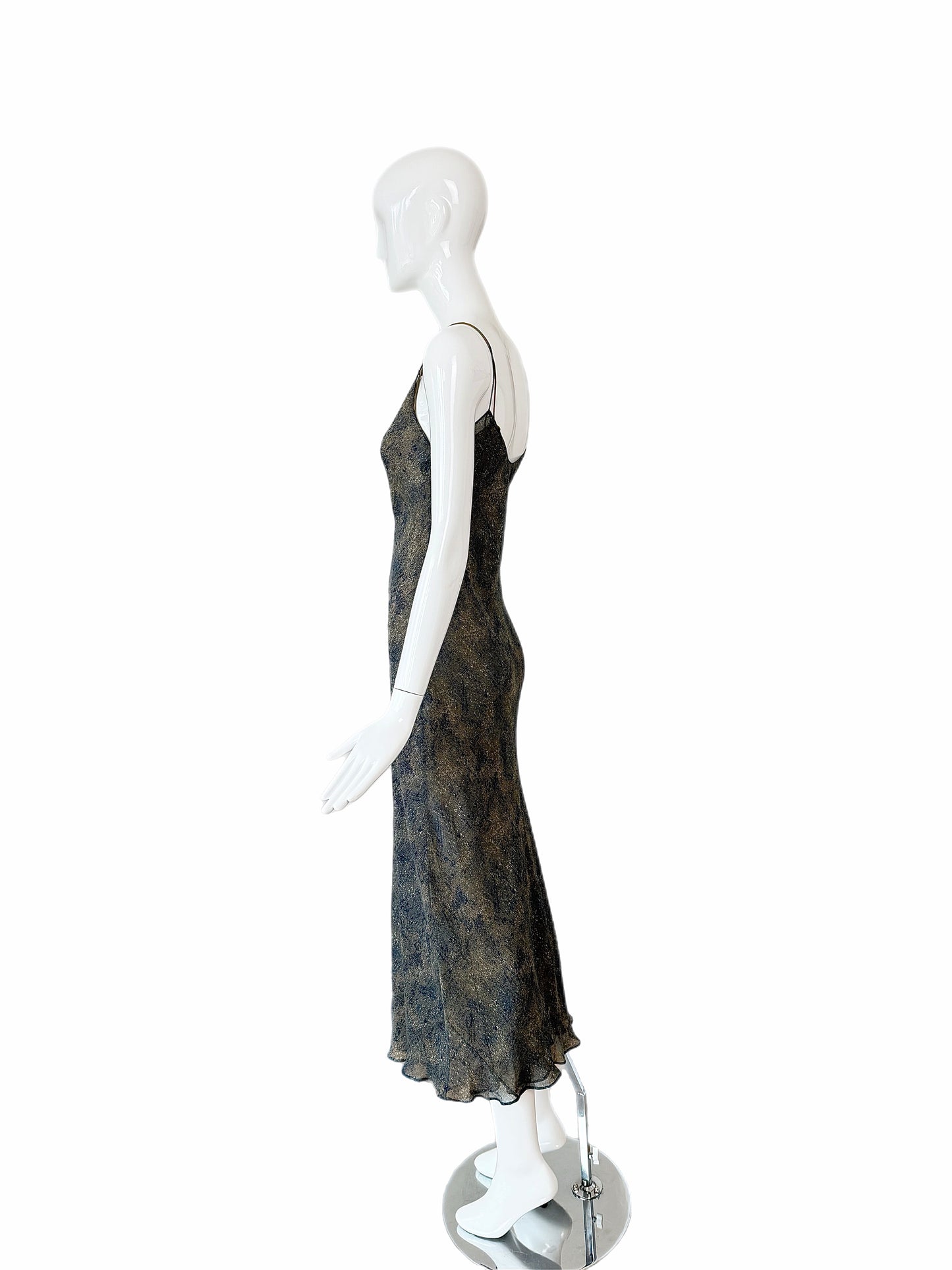 DONNA KARAN 90's Vintage Navy Blue & Tan Printed Silk Slip Maxi Dress