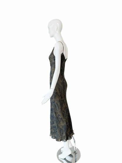 DONNA KARAN 90's Vintage Navy Blue & Tan Printed Silk Slip Maxi Dress