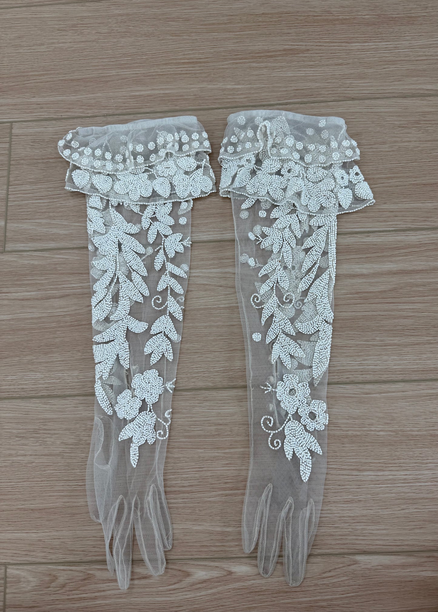LES HABITUDES 90's Vintage Couture Hand Beaded Bridal Gown w. Gloves + Shawl