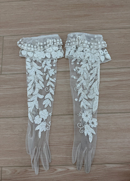 LES HABITUDES 90's Vintage Couture Hand Beaded Bridal Gown w. Gloves + Shawl