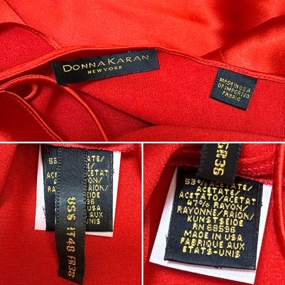 DONNA KARAN 90's Vintage Red Satin Cowl Neck Evening Gown w. Train