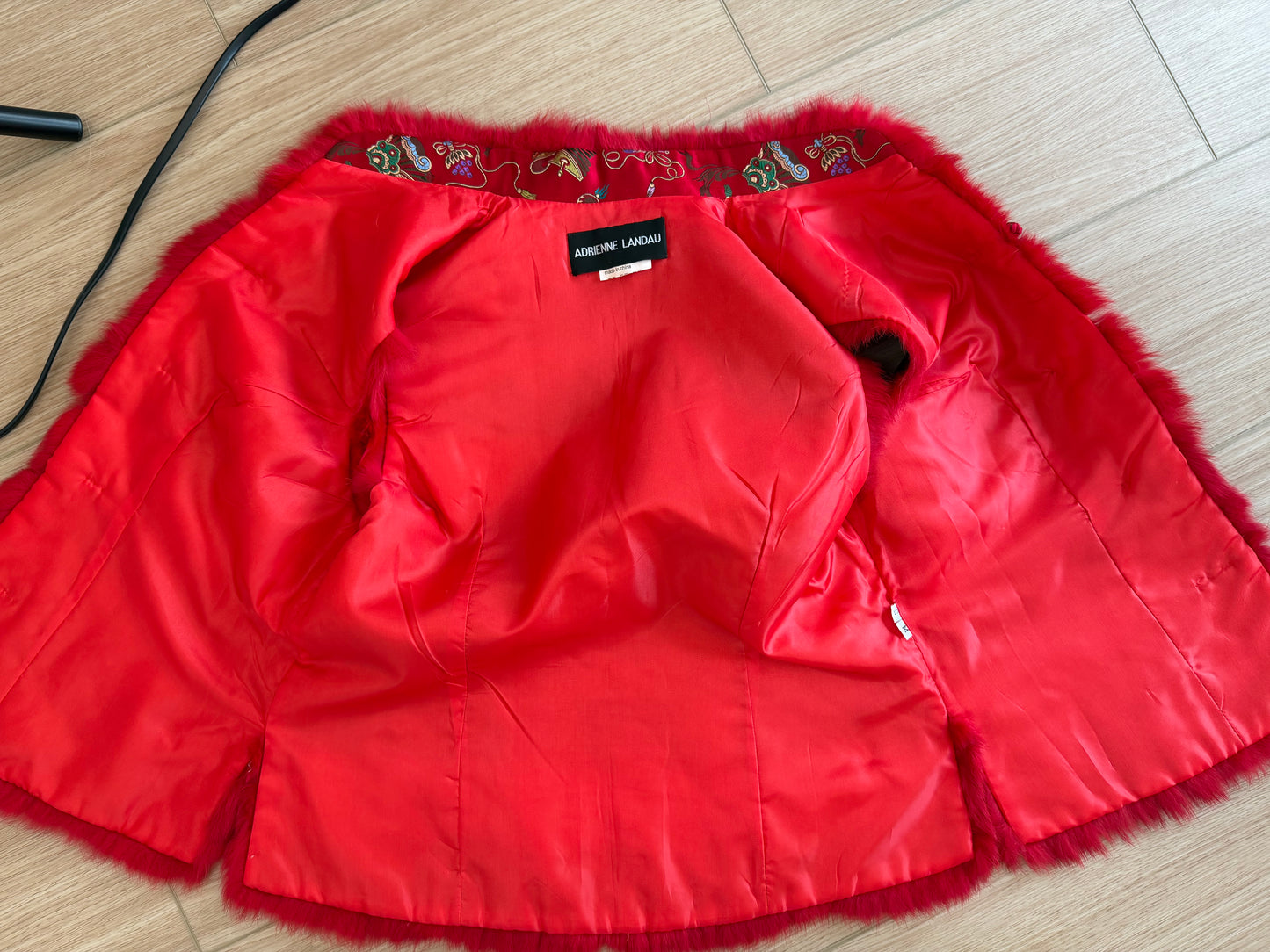 ADRIENNE LANDAU Vintage Red Chinoiserie Fur Trimmed Lightweight Vest