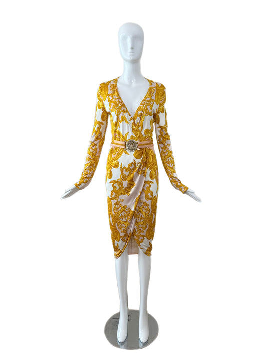 VERSACE 2005 Vintage Runway Belted Baroque Wrap Dress
