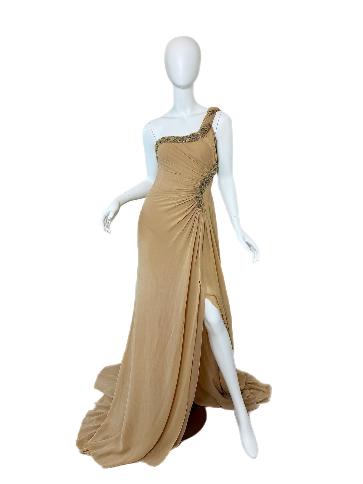 ROBERTO CAVALLI 2012 Silk Chiffon Tan Embellished Grecian Gown w. Slit