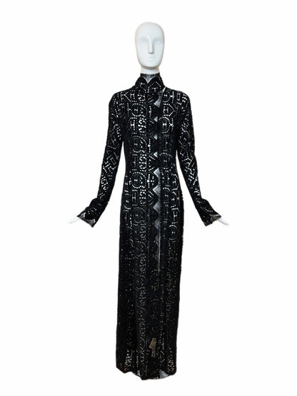 Danes Vintage Black Crochet Dramatic Floor Length Long Sleeve Jacket