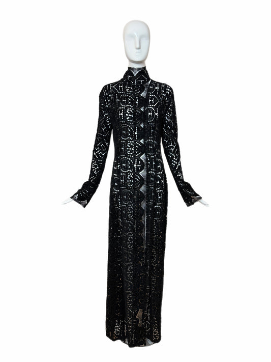 Danes Vintage Black Crochet Dramatic Floor Length Long Sleeve Jacket
