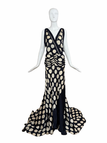 DONNA KARAN 2003 Vintage Runway Silk Midnight Blue +Ivory Polka Dot Gown