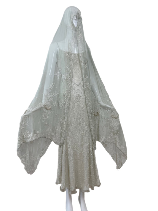 LES HABITUDES 90's Couture Vintage Grey/Blue Beaded Bridal Dress w. Shawl