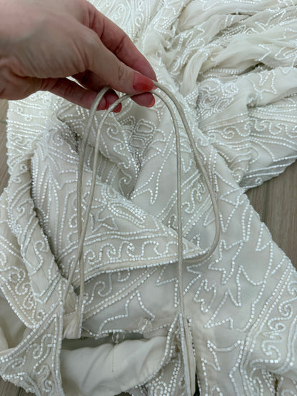 LES HABITUDES 90's Vintage Couture Hand Beaded Bridal Gown w. Gloves + Shawl