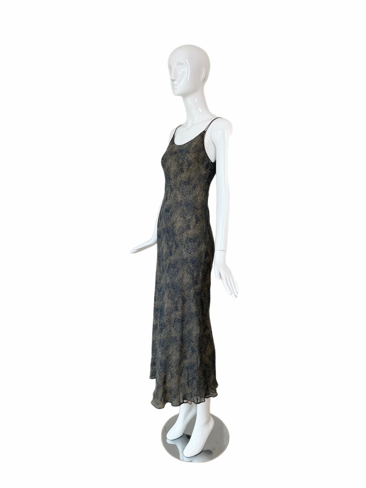 DONNA KARAN 90's Vintage Navy Blue & Tan Printed Silk Slip Maxi Dress