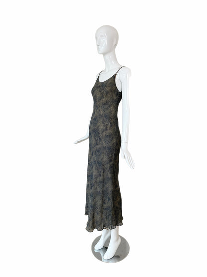DONNA KARAN 90's Vintage Navy Blue & Tan Printed Silk Slip Maxi Dress