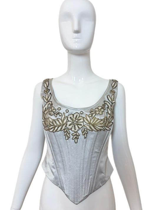 LES HABITUDES 90's Vintage Pale Blue Silk Hard Boned Hand Beaded Corset