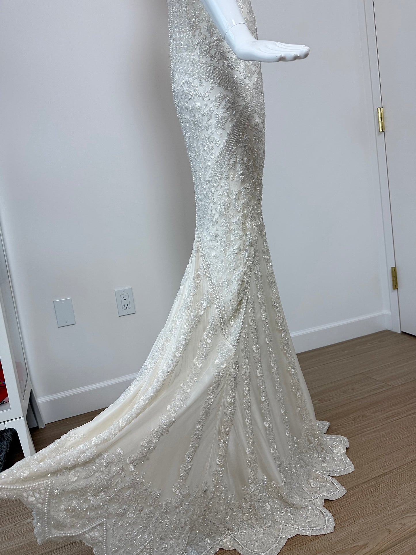 LES HABITUDES 90's Vintage Couture Hand-Beaded w. Pearls White Silk Bridal Gown
