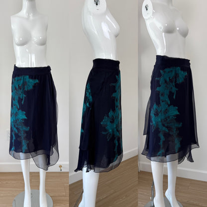 DONNA KARAN 2000 Vintage Blue Silk Runway Print Skirt