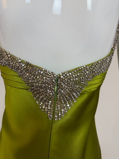 MONIQUE LHUILLIER 2005 Vintage Runway Green Silk Gown w. Crystals