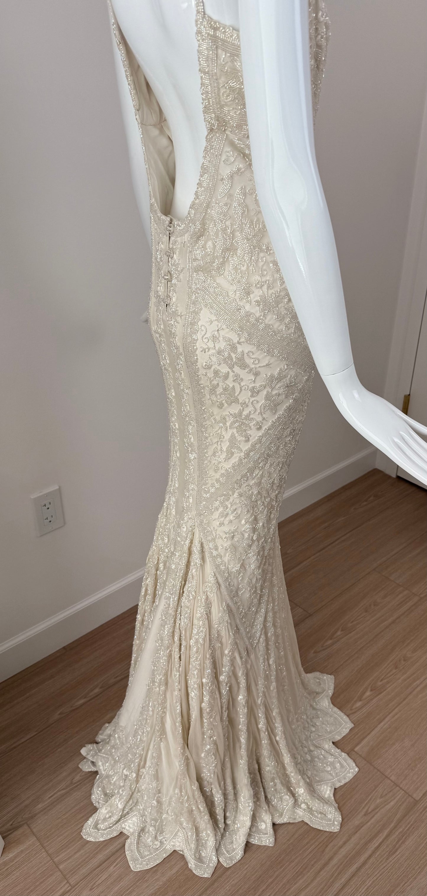LES HABITUDES 90's Vintage Couture Ivory Iridescent Silk Hand-Beaded Evening Gown