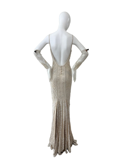 LES HABITUDES 90's Vintage Couture Hand-Beaded w. Pearls Silk Bridal Gown w. Gloves