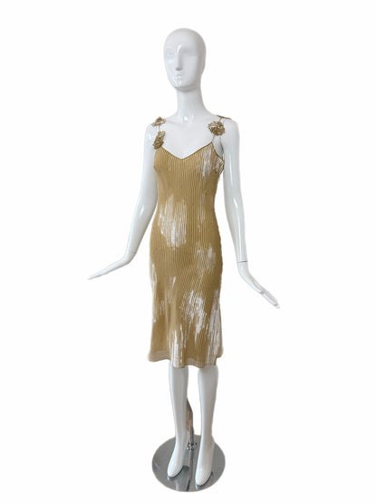 JOHN GALLIANO 2001 Vintage Silk Brushstroke Golden Flower Motif Slip Dress