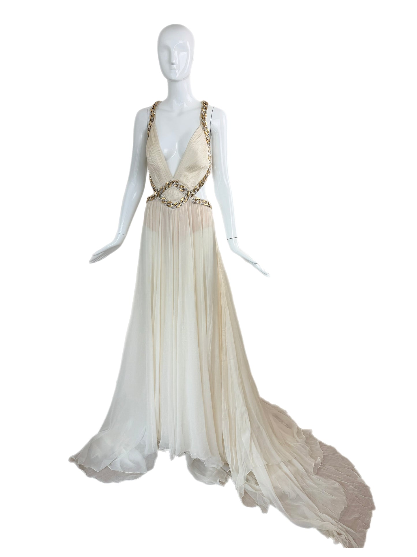 ROBERTO CAVALLI 2009 Vintage Ivory Chain Embellished Silk Gown