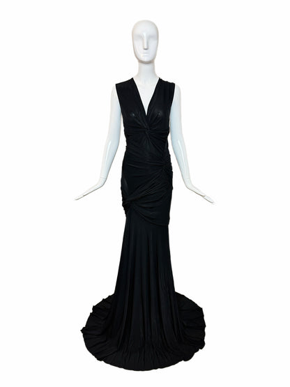 DONNA KARAN Vintage Black Ruched Extra Long Open Back Evening Gown